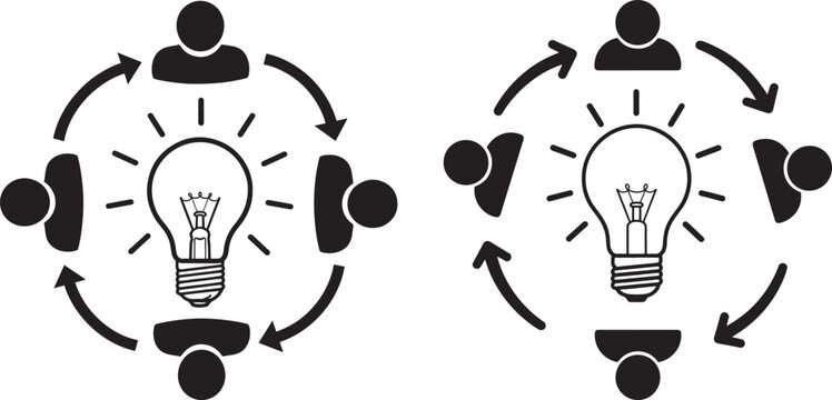 People around lightbulb brainstorming icon for idea generation.