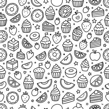 Seamless doodle pattern with sweet desserts ice cream cakes and fruit slices