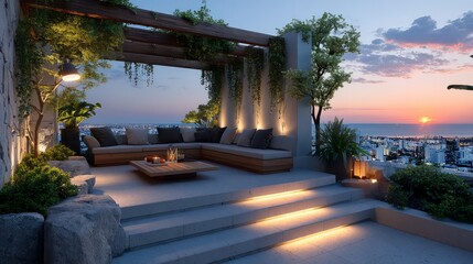 Obraz premium Luxurious rooftop terrace lounge featuring modern modular seating with ambient led lighting and a fire pit overlooking a scenic urban cityscape at twilight