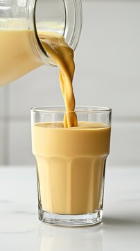 Clear glass pitcher pou frothy creamy coffee beverage into a short transparent glass on a neutral background with soft lighting