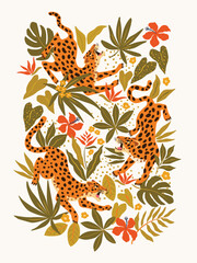 Obraz premium Leopards in different poses cartoon illustration set. Seamless pattern with leopards or jaguars with tropical leaves and plants isolated on white background. Wild animal, cat, jungle concept.