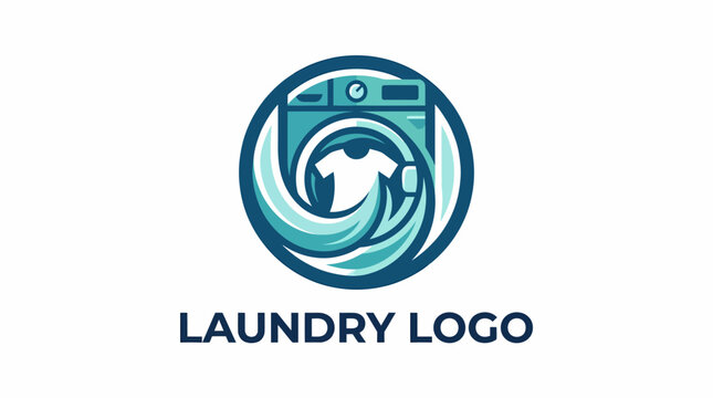 A modern and clean logo design featuring a washing machine with a t-shirt inside, surrounded by swirling water, symbolizing laundry services.