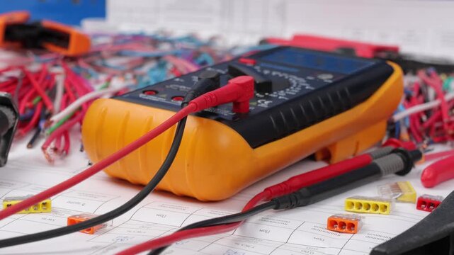 A digital multimeter for measuring the parameters of electrical circuits. Close-up. Soft focus.