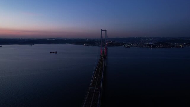 Osmangazi Bridge in Kocaeli, Turkey. Aerial shot with drone. Beautiful sunset landscape. 
