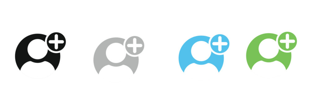 Add user icon set. Person profile avatar with plus, add account symbol. Vector illustration for corporate account management system