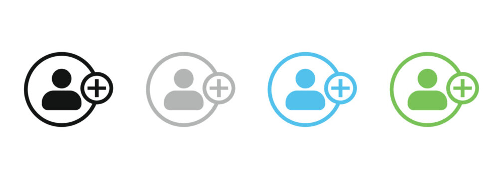 Add user icon set. Person profile avatar with plus, add account symbol. Vector illustration for friend request and community join