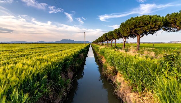 Narrow canal bisects verdant fields under a partly cloudy sky, lined with a neat row of lush trees