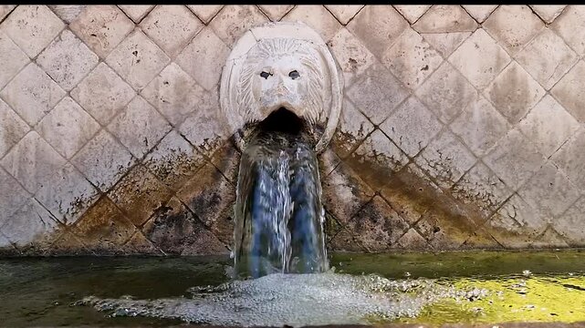 Slow motion close up of Venetian lion head fountain in Spili village, Crete. Ancient stone sculpture with crystal clear spring water flow. Historic landmark in Rethymno region Greece, hd video