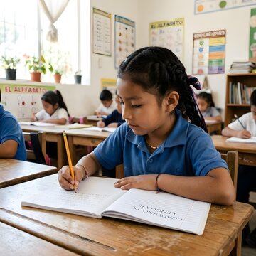 Elementary School Girl Writing in Classroom