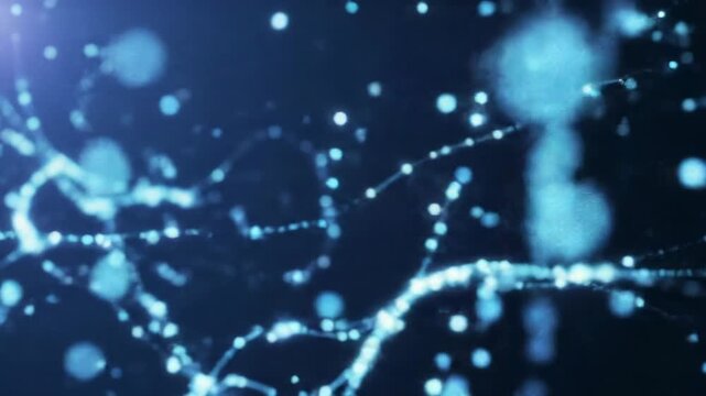 A wide, cinematic establishing video with a slow dolly push-in, revealing luminous, abstract digital particles drifting in a vast, deep dark digital space, illuminated by futuristic blue-purple light