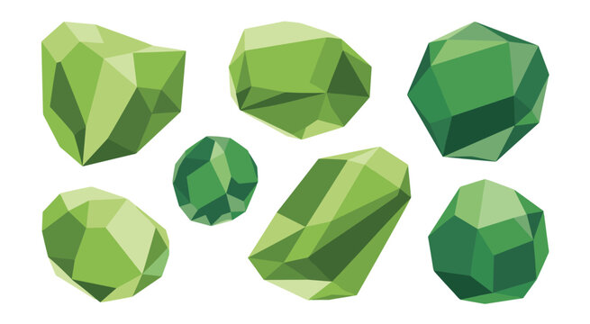Seven faceted green gemstones geometric shapes on white background crystal jewel
