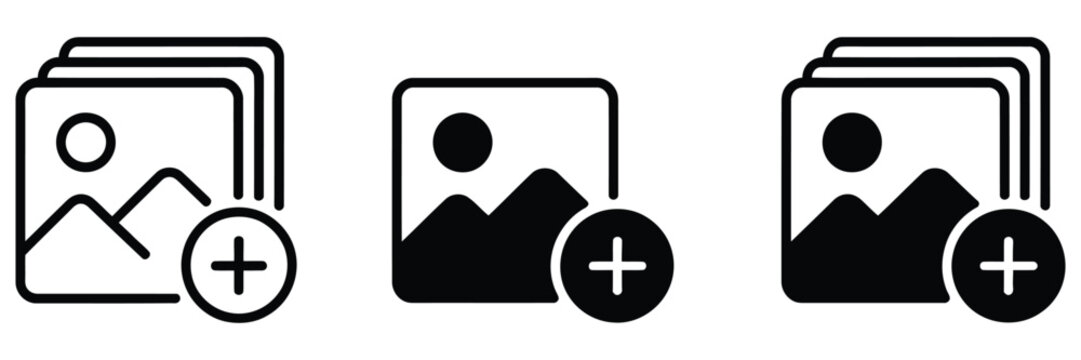 Add photo icon set, attach picture symbols, upload image graphics, insert new image icons, media attachment elements, gallery and file upload signs, user interface design