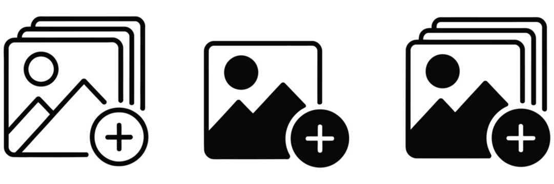 Photo attachment icon pack, add picture symbols, upload and insert image graphics, media file icons, gallery and attachment elements, user interface controls, clean minimal vector