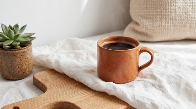Rustic ceramic mug filled with dark coffee sits on a textured linen cloth next to a small potted succulent