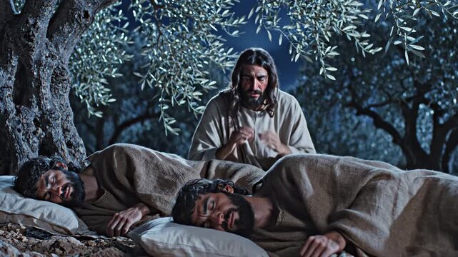 Jesus in Gethsemane forest with disciples asleep showing despair, prayer, and resigned acceptance for christianity