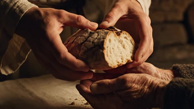 Man breaking bread and offering it to a person. Christian Eucharist and sharing. Holy sacrament in biblical tradition.