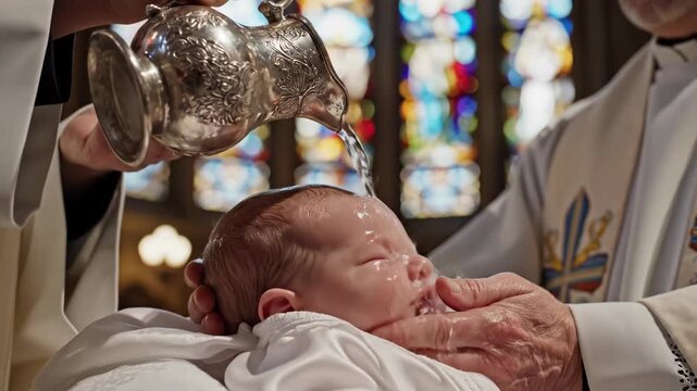 Priest baptizes baby as water is poured from a silver ewer in a church, a religious ceremony and Christian tradition for new life.