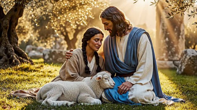 Jesus comforting a woman with a lamb. Biblical scene of compassion and hope. Religious concept of divine love and solace.