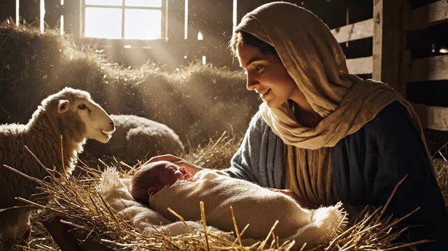Woman in a stable lovingly observes a baby in a manger as sheep look on, depicting the holy birth story.
