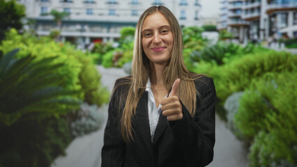 Fototapeta premium Woman giving thumbs up showing thumb in a city street with building and greenery behind; confidence approval.