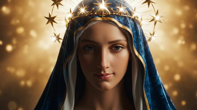 Woman as holy virgin in blue veil and star crown. Religious art with a sacred concept.