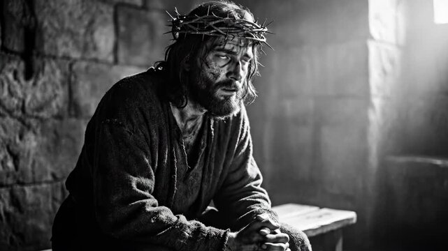 Man in crown of thorns in a dark room with light from a window showing solemn emotion in a religious suffering concept