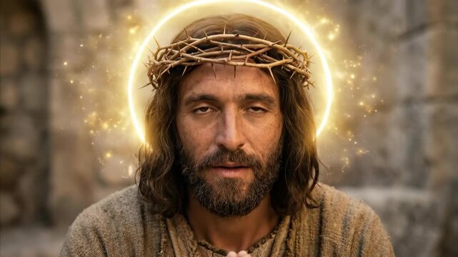 Jesus Christ with a crown of thorns praying with eyes closed and then looking up, a spiritual religious concept.