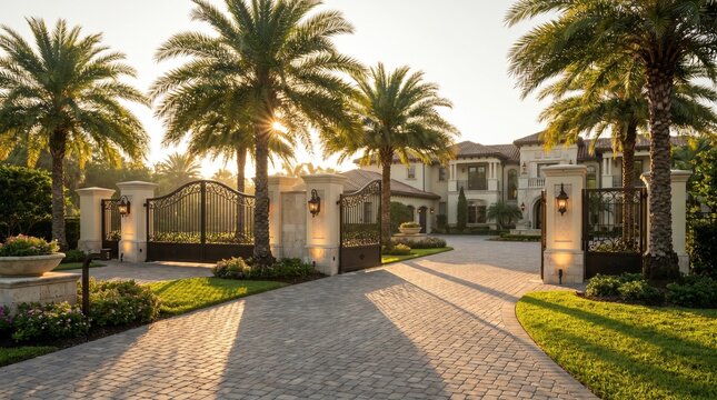 A luxury estate features grand wrought-iron gates opening to a paved driveway. Tall palm trees frame the elegant mansion as warm sunlight casts long shadows on the lawns.