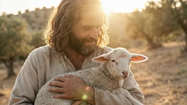 Adult man embraces cute lamb in sunlit outdoor setting, concept of a shepherd caring for a lost sheep in a field.