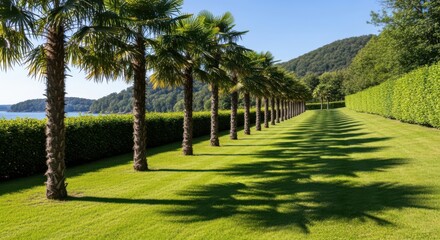 Obraz premium Lawn Pathway with Palm Trees and Hedges by Lake