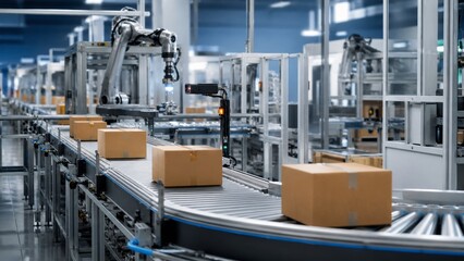 Fototapeta premium Advanced Automated Conveyor System Moving Packages in Logistics Facility