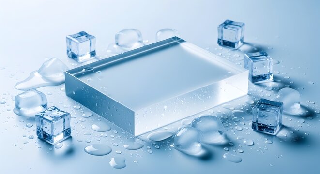 Clear ice block surrounded by ice cubes and water droplets on a blue background perfect for cooling beverage advertising and frozen product promotion