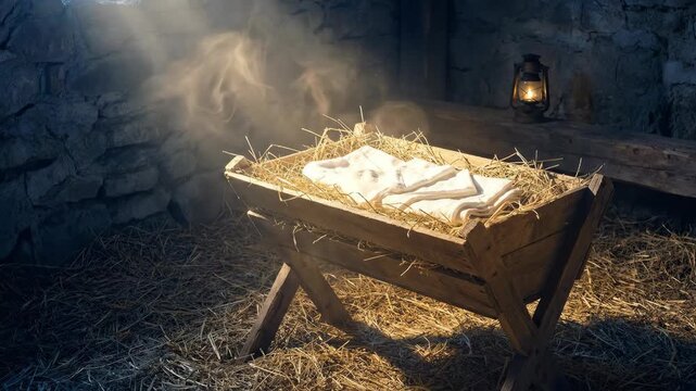Empty manger in barn with hay and glowing light, concept of Jesus birth on Christmas. Nativity scene with dramatic lighting.