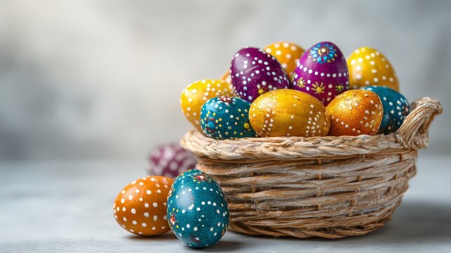 A close-up, eye-level shot of a rustic, woven wicker basket overflowing with vibrantly decorated Easter eggs, presented against a clean, soft gray background