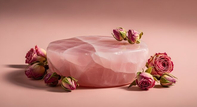 Rose quartz stone podium surrounded by dried pink roses on a soft pink background ideal for beauty product display and wellness branding