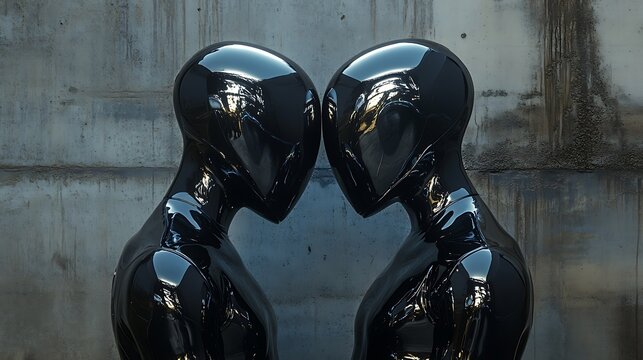 Modern black glossy alien sculptures facing each other with industrial background