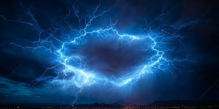A powerful blue lightning flash illuminates the dark night sky in an abstract fractal pattern of electric plasma and storm energy against a black textured background