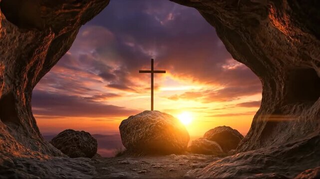 Christian cross on rock with sunset in cave opening with reflection, religious concept for Easter