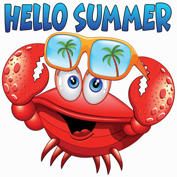 Crab with Sunglasses Cute and Happy 'Hello Summer' Cartoon Character Vector Illustration EPS 