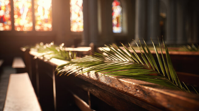 Palm frond resting on church pew for Palm Sunday