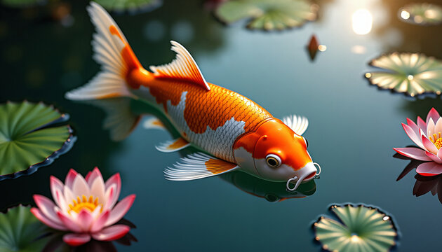 Eleganter Koi Fisch zwischen Seerosen