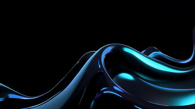 Black dark abstract background. Liquid glass iridescent fractal wave. Neon cyan and deep blue reflections. Prism shape 3D render. Smooth curve transition. Bright glow highlights. Metallic futuristic t