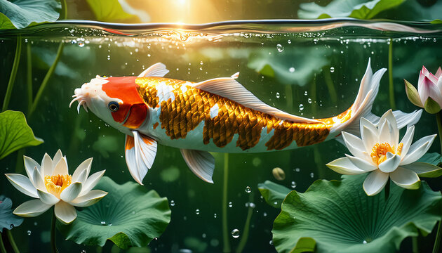Koi Karpfen unter Wasser mit Lotusbl&uuml;ten