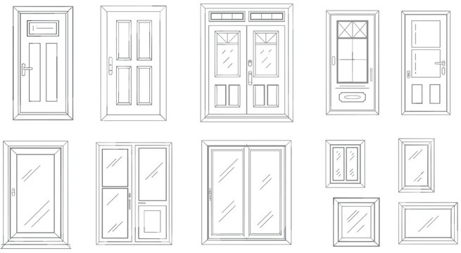 Collection of hand drawn architectural door and window outline frame