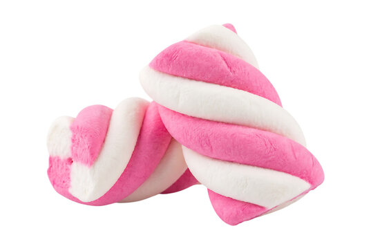 Pink and white twisted marshmallow candies isolated on transparent background