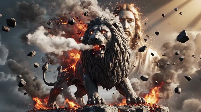 Jesus Christ with a lion on a fiery rock, symbolizing strength and redemption in a religious context
