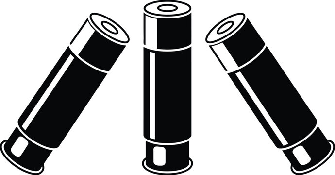 Shotgun shell, silhouette icon set, three shells in black silhouette representing ammunition hunting gear and firearm equipment design.