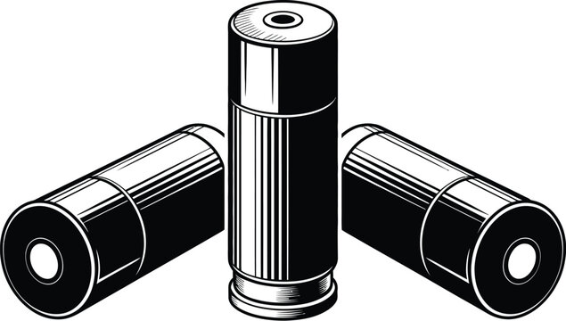 Shotgun shell, silhouette icon set, vector illustration of three shotgun cartridges in black silhouette for hunting sport shooting and defense concept design.