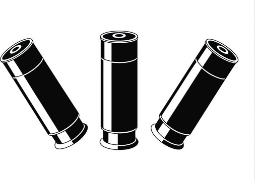Shotgun shell, silhouette icon set, collection of three cartridge silhouettes for shooting sports hunting gear and firearm related graphic design.