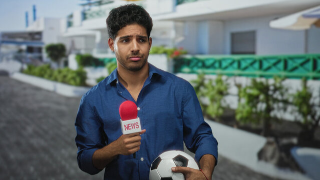 Man holding red news microphone and a soccer ball on a paved street in front of a white building, gesturing hesitantly with puzzled look; uncertainty live report.